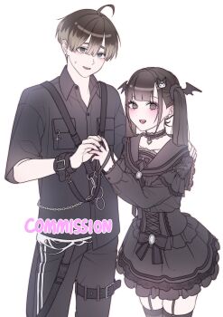 1boy 1girl :d aegyo_sal ahoge bat_hair_ornament black_bow black_choker black_nails black_pants black_sailor_collar black_shirt blunt_bangs blush bow breast_pocket brown_eyes brown_hair choker commentary_request commission cowboy_shot crepe_commission cross-laced_clothes cross-laced_dress dress earrings frilled_dress frills gradient_hair grey_eyes hair_ornament hairclip heart heart_earrings hetero highres interlocked_fingers jewelry jirai_kei kayano_mikoto korean_commentary lace lace_choker long_sleeves looking_at_viewer m_psycho_83 milgram multicolored_hair oc_x_canon open_mouth original pants pocket popped_button puffy_long_sleeves puffy_sleeves sailor_collar shirt short_hair sidelocks simple_background skindentation smile strap thigh_strap thighhighs three-quarter_sleeves twintails watermark white_background wrist_belt zettai_ryouiki