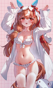 1girl absurdres animal_ears arms_up bra brown_hair commentary_request ear_covers frilled_bra frilled_panties frills highres horse_ears horse_girl horse_tail jacket long_hair looking_at_viewer navel open_clothes open_jacket panties rabbit_pose red_eyes smile solo still_in_love_(umamusume) sweat tail tandohark thighhighs umamusume underwear underwear_only veil white_bra white_jacket white_panties white_streaks white_thighhighs white_veil
