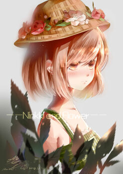 Rule 34 | absurdres, bare shoulders, bob cut, brown eyes, brown hair, brown hat, chinese commentary, closed mouth, collarbone, commentary request, dated, dot nose, dress, english text, expressionless, eyelashes, flower, green dress, grey background, hair between eyes, hat, hat flower, highres, lace, lace-trimmed dress, lace trim, leaf, light blush, light frown, light particles, mixed-language commentary, muriel miaoke, nikki (series), plaid clothes, plaid dress, red flower, red rose, rose, shining nikki, short hair, signature, sleeveless, sleeveless dress, straw hat, stylist (nikki), swept bangs, title, white flower