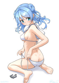 1girl bikini blue_eyes blue_hair blush breasts cosplay double_bun hair_bun kantai_collection long_hair medium_breasts navel one-hour_drawing_challenge ray.s sailor_bikini sailor_collar sitting solo sweatdrop swimsuit urakaze_(kancolle) white_bikini z3_max_schultz_(kancolle) z3_max_schultz_(kancolle)_(cosplay) z3_max_schultz_(swimsuit)_(kancolle)