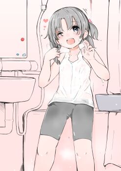1girl bathroom bike_shorts blue_eyes camisole commentary flat_chest grey_hair highres kinomoto_(nazonoinu) loli looking_at_viewer one_eye_closed open_mouth original short_hair smile solo untying_hair variant_set wet