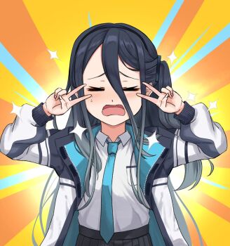 >_< aris_(blue_archive) black_hair blue_archive blush breasts closed_eyes commentary_request double_v hair_between_eyes headband highres jacket long_hair long_hair_between_eyes necktie open_mouth ramkilog school_uniform small_breasts tears v
