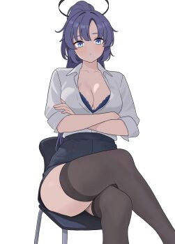 1girl absurdres alternate_costume black_skirt black_thighhighs blue_archive blush breasts chair collarbone commentary crossed_arms crossed_legs english_commentary feet_out_of_frame halo highres large_breasts looking_at_viewer miniskirt on_chair pencil_skirt ponytail purple_hair shirt shirt_tucked_in simple_background sitting skirt solo thejx_063 thighhighs white_background white_shirt yuuka_(blue_archive)