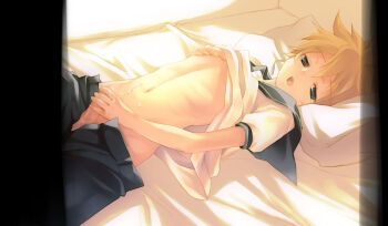 1boy bed blonde_hair blue_eyes clothes_lift cum cum_on_body cum_on_male ejaculation half-closed_eyes kagamine_len male_focus male_masturbation masturbation navel on_bed open_mouth penis poppo_(648629) shirt shirt_lift shorts solo tearing_up vocaloid white_shirt
