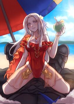 alternate_costume beach breasts dimitri_alexandre_blaiddyd dimitri_alexandre_blaiddyd_(timeskip) edelgard_von_hresvelg edelgard_von_hresvelg_(summer) fire_emblem fire_emblem:_three_houses fire_emblem_heroes grey_hair highres looking_at_viewer medium_breasts mlkywy nintendo outdoors pov purple_eyes sitting sitting_on_person swimsuit