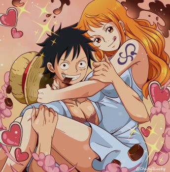 Rule 34 | 1boy, 1girl, :q, bare legs, black hair, breasts, carrying, chandllucky, chocolate, closed mouth, commentary, dress, earrings, facial scar, feet out of frame, food in mouth, hat, heart, highres, jewelry, large breasts, long hair, looking at viewer, monkey d. luffy, mouth hold, nami (one piece), one piece, open clothes, open shirt, orange hair, pearl earrings, princess carry, scar, scar on cheek, scar on chest, scar on face, shirt, shoulder tattoo, sparkle, straw hat, tattoo, teeth hold, thighs, tongue, tongue out, twitter username, unworn hat, unworn headwear, valentine, wavy hair, white dress, white shirt
