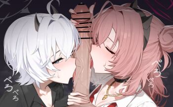 1boy 2girls ahoge bar_censor black_choker black_gloves black_hairband black_horns black_shirt blue_archive blue_eyes blush breasts censored choker cleavage closed_eyes collarbone collared_shirt commentary double_bun erika_(blue_archive) fake_horns fellatio fingerless_gloves fingernails gloves grey_halo hair_bun hair_intakes hairband halo horn_hairband horns jewelry kirara_(blue_archive) large_breasts licking licking_penis long_hair medium_hair multiple_girls nail_polish neck_ribbon necklace open_mouth oral penis pink_hair pink_halo pink_nails red_ribbon ribbon shirt symbol-only_commentary translation_request veins veiny_penis white_hair white_shirt yzr_(yzr99)