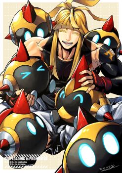 1boy black_gloves black_shirt closed_eyes crossed_legs dated elbow_gloves facing_viewer falinks fingerless_gloves gen_8_pokemon gloves highres ivor_(pokemon) long_hair male_focus mole mole_under_mouth muscular muscular_male nintendo open_mouth pants pokemon pokemon_(creature) pokemon_legends:_z-a shirt single_elbow_glove sitting sleeveless sleeveless_shirt tanaka_nitouhei teeth white_pants