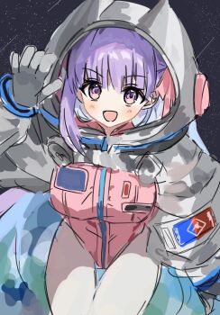 1girl bb_(fate) bb_cosmo_(fate) blush boots breasts fate/grand_order fate_(series) gloves grey_gloves hair_ribbon helmet highleg highres large_breasts leotard long_hair long_sleeves looking_at_viewer open_mouth pink_leotard purple_eyes purple_hair ribbon shrug_(clothing) smile solo space space_helmet spacesuit syst097 very_long_hair