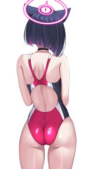1girl absurdres alternate_costume animal_ears ass back back_cutout black_choker black_hair blue_archive cat_ears choker clothing_cutout colored_inner_hair competition_swimsuit cowboy_shot facing_away from_behind halo hashtag-only_commentary hibika highres kazusa_(blue_archive) multicolored_hair one-piece_swimsuit pink_hair pink_halo short_hair simple_background solo standing swimsuit two-tone_hair white_background