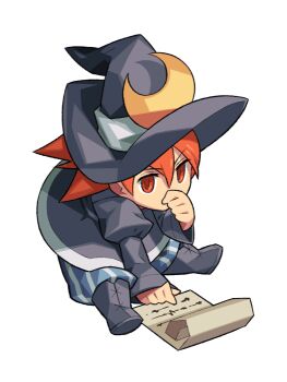 1girl anime_coloring ankle_boots archived_source black_boots black_dress black_hat black_sleeves blue_pants boots covered_mouth covering_own_mouth crescent crescent_hat_ornament deformed dress final_fantasy final_fantasy_iii full_body hair_between_eyes hand_over_own_mouth hat hat_ornament itsumo_nokoru leaning_forward legs_apart long_sleeves looking_at_viewer magus_(final_fantasy) orange_eyes orange_hair pants paper puffy_pants refia short_dress simple_background sleeves_past_wrists solo square_enix striped_clothes striped_pants vertical-striped_clothes vertical-striped_pants white_background white_pants witch_hat