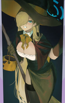 05ghxsu 1girl absurdres asuna_(blue_archive) blonde_hair blue_archive blue_bow blue_eyes blue_halo blue_ribbon blush bow bowtie breasts cleavage gloves hair_over_one_eye halo highres large_breasts long_hair looking_at_viewer mole mole_on_breast ribbon smile solo traditional_bowtie very_long_hair