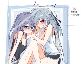 2girls bare_arms black_camisole black_shorts blue_eyes breasts camisole commentary dolphin_shorts fu_hua grey_hair herrscher_of_sentience highres honkai_(series) honkai_impact_3rd korean_text long_hair multiple_girls pic_p_p pink_eyes purple_hair shorts small_breasts stuck_in_a_box sweat symbol-only_commentary translation_request white_camisole yuri