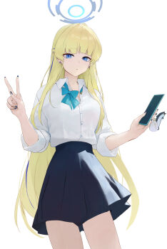 1girl absurdres aqua_bow aqua_bowtie black_skirt blonde_hair blue_archive blue_eyes blue_hair blue_halo bow bowtie collared_shirt cowboy_shot dokshuri earrings halo highres holding holding_phone jewelry long_hair looking_at_viewer multicolored_hair parted_lips phone pleated_skirt school_uniform shirt shirt_tucked_in simple_background skirt solo standing streaked_hair toki_(blue_archive) toki_(school_uniform)_(blue_archive) v very_long_hair white_background white_shirt