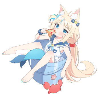 1girl ahoge animal_ear_fluff animal_ears barefoot bikini bikini_under_clothes blonde_hair blue_bow blue_eyes blue_nails blue_sailor_collar blue_streaks bow bucket cat_ears collarbone commentary crab dress eating fins fish_girl fish_tail food frilled_sailor_collar frills highres holding holding_food holding_pizza in_bucket in_container indie_virtual_youtuber kaniki_(sameko_saba) korean_commentary lifebuoy_hair_ornament long_hair looking_at_viewer low_twintails multicolored_hair nail_polish one_side_up open_clothes open_dress pizza pizza_slice sailor_collar sailor_dress sameko_saba scrunchie sidelocks sitting solo starfish streaked_hair striped_bikini striped_clothes sweatdrop swimsuit tail toenail_polish toenails twintails ugaaaa1 very_long_hair virtual_youtuber white_background white_dress wrist_scrunchie