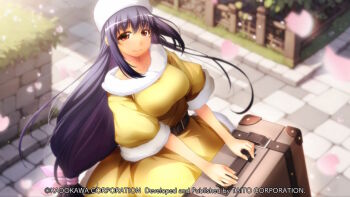 1girl atelier-moo bag bare_shoulders belt black_hair blurry blurry_background blush breasts brown_bag brown_belt brown_eyes closed_mouth collarbone company_name copyright_notice day dress fence from_above game_cg hair_between_eyes hair_ribbon hat holding holding_bag huge_breasts leaf long_hair long_sidelocks looking_at_viewer low-tied_long_hair non-web_source petals pink_ribbon ribbon sheela_sheffield short_sleeves sidelocks smile solo stone_floor tareme town very_long_hair white_hat wide_sleeves yellow_dress yuukyuu_gensoukyoku yuukyuu_gensoukyoku_revival