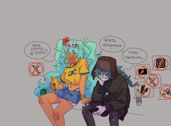 Rule 34 | 2girls, alcohol, alt text, anxxboy, archive of our own, black nails, black pantyhose, blue eyes, blue hair, blue shorts, bottle, brazilian flag, brazilian flag print, brazilian miku, brown hat, brown sweater, can, commentary, commentary request, cyrillic, cyrillic commentary, dual persona, earrings, english commentary, eyewear on head, flag print, green nails, grey background, hat, hatsune miku, holding, holding phone, instagram, jewelry, long hair, midriff, mixed-language commentary, multiple girls, navel, open mouth, pantyhose, paypal, phone, red shorts, shirt, shorts, sitting, smile, spanish text, speech bubble, sunglasses, sweater, tan, tanline, torn clothes, torn pantyhose, translation request, twintails, twitter, vocaloid, worldwide miku, yellow shirt, youtube