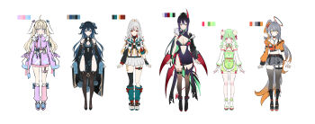 Rule 34 | 6+girls, absurdres, ahoge, animal ears, apron, black boots, black dress, black hair, boots, breasts, brown thighhighs, cleavage, color guide, crop top, cropped jacket, cutoffs, denim, denim shorts, detached sleeves, dress, green hair, grey hair, grey shorts, grey thighhighs, halo, hibiwa, highres, incredibly absurdres, indie virtual youtuber, jacket, knee boots, kneehighs, large breasts, long hair, looking at viewer, low wings, midriff, miniskirt, multicolored hair, multiple girls, navel, no panties, orange jacket, pelvic curtain, pleated skirt, purple jacket, rabbit ears, shirt, shoes, short shorts, shorts, side slit, single thighhigh, skirt, sleeveless, sleeveless dress, sleeves past fingers, sleeves past wrists, socks, streaked hair, tail, thighhighs, thighs, very long hair, waist apron, white shirt, white skirt, wings