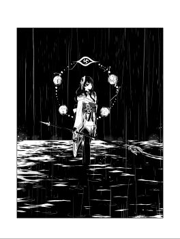 1girl absurdres armor back_bow border bow braid breasts closed_mouth commentary_request cowboy_shot electricity empty_eyes fan_hair_ornament fingerless_gloves flower gem genshin_impact gloves hair_flower hair_ornament hand_fan headpiece highres holding holding_sword holding_weapon japanese_clothes katana kimono long_hair long_sleeves looking_at_viewer low-braided_long_hair low-tied_long_hair mandarin_collar medium_breasts mitsudomoe_(shape) monochrome musou_isshin_(genshin_impact) neck_ribbon night obijime off_shoulder outdoors raiden_shogun rain ribbon sash shoulder_armor single_braid single_sidelock sky solo standing supervespa99 sword tassel thighhighs tomoe_(symbol) vision_(genshin_impact) weapon wide_sleeves