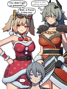 1boy 2girls absurdres bare_shoulders blonde_hair breasts burnice_white caesar_king_(zenless_zone_zero) cleavage dorahdew dress eyewear_on_head green_hair grey_hair hat highres large_breasts multiple_girls red_eyes santa_costume santa_dress santa_hat short_hair wise_(zenless_zone_zero) yellow_eyes zenless_zone_zero