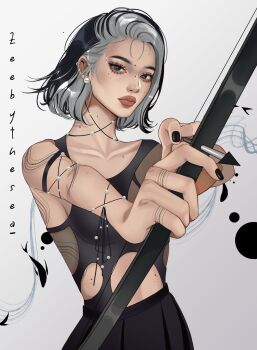 1girl abstract abstract_background arm_tattoo arrow_(projectile) artist_name asian black_eyes black_hair black_nails black_shirt black_skirt bow_(weapon) brown_lips circle closed_mouth clothing_cutout collarbone colored_inner_hair cowboy_shot ear_piercing earrings eyelashes eyeshadow fashion finger_tattoo fish_background forehead gradient_background grey_background grey_hair highres holding holding_bow_(weapon) holding_weapon jewelry makeup mei_(zeebythesea) mole mole_on_arm mole_on_cheek mole_on_collarbone mole_on_forehead mole_on_neck mole_on_nose mole_on_stomach multicolored_hair nail_polish orange_eyeshadow original pearl_earrings piercing pleated_skirt see-through_clothes see-through_shirt shirt short_hair side_cutout single_sidelock skirt stomach_cutout tattoo thick_eyebrows thick_lips tight_clothes tight_shirt weapon white_background zeebythesea