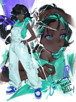 1girl black_hair blue_eyes blue_shoes bracelet closed_mouth colored_inner_hair commentary dark-skinned_female dark_skin english_commentary eyeshadow full_body green_shirt hand_in_own_hair hands_up highres jewelry looking_to_the_side makeup medium_hair multicolored_hair multiple_views nashidrop original overalls portrait purple_eyeshadow shirt shoes white_overalls