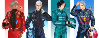 4boys absurdres adjusting_hair adjusting_headphones alternate_costume aqua_bodysuit aqua_car aston_martin black_bodysuit black_car black_gloves black_hair black_shirt blue_background blue_bodysuit blue_eyes blue_helmet blue_racing_suit bodysuit capcom car character_name closed_mouth commentary cougar covered_collarbone cowboy_shot dante_(devil_may_cry) devil_may_cry_(series) devil_may_cry_5 dual_persona english_commentary english_text ferrari fingerless_gloves fingernails formula_one formula_racer gloves green_eyes grey_hair hair_between_eyes hair_slicked_back hand_in_own_hair hand_up headphones headphones_around_neck helmet henoopd hewlett-packard highres holding holding_unworn_helmet hugo_boss_(brand) ibm lips looking_at_viewer looking_to_the_side male_focus mercedes-benz mobil motor_vehicle multiple_boys muscular muscular_male nero_(devil_may_cry) nose open_bodysuit open_clothes oracle_(company) parted_lips partially_unzipped print_bodysuit puma_(brand) race_vehicle racecar racing_suit red_background red_bodysuit red_bull red_car red_helmet red_racing_suit shirt short_hair simple_background tag_heuer unworn_headwear unworn_helmet v_(devil_may_cry) vergil_(devil_may_cry) white_background white_hair