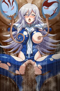 1boy 1girl absurdres ahegao breasts grey_hair hair_between_eyes highres interspecies large_breasts long_hair long_tongue masked_beast_des_gardius nipples open_mouth penis pussy_juice red_eyes sex sharp_teeth silent_magician sirano teeth tongue torn_clothes trembling vaginal very_long_tongue yu-gi-oh!