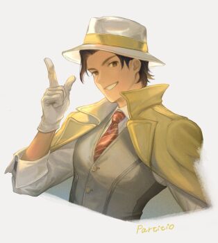 1boy boater_hat brown_eyes brown_hair buttons coat coat_on_shoulders collared_coat collared_shirt commentary_request cropped_arm cropped_torso fujie_xy gloves grey_vest grin hat highres lapels looking_to_the_side male_focus necktie octopath_traveler octopath_traveler_ii partitio_yellowil pointing pointing_up popped_collar red_necktie shirt simple_background sleeve_cuffs smile solo striped_necktie teeth vest white_background white_gloves white_hat white_shirt wing_collar yellow_coat