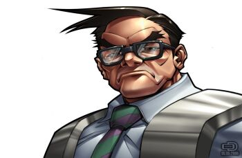 Rule 34 | 00s, 1boy, 2006, black-framed eyewear, black eyes, black hair, capcom, closed mouth, collared shirt, dated, glasses, grey shirt, half-closed eyes, justice gakuen, looking at viewer, male focus, necktie, omar dogan, serious, shimazu hideo, shiritsu justice gakuen, shirt, short hair, simple background, solo, striped necktie, striped neckwear, upper body, white background, wing collar