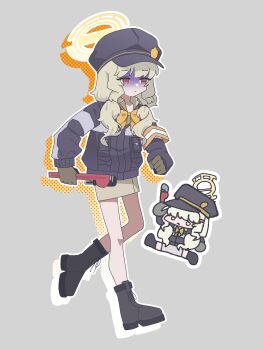 Rule 34 | 1girl, absurdres, aoba (blue archive), armband, black boots, black hat, black jacket, blue archive, boots, bow, bowtie, brown gloves, brown shirt, chibi, chibi inset, full moon, gloves, grey background, halo, hat, highres, holding, holding wrench, jacket, moon, newsboy cap, rarohate76, red eyes, shaded face, shirt, skirt, walking, wrench, yellow armband, yellow bow, yellow bowtie, yellow halo