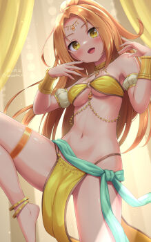 1girl breasts dancer highres jewelry long_hair looking_at_viewer medium_breasts navel open_mouth orange_hair original pelvic_curtain sasaame solo yellow_eyes