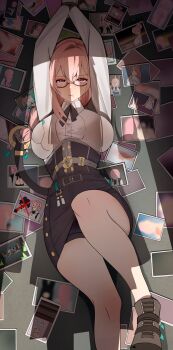 2girls absurdres arms_up black_skirt bound bound_wrists breasts commentary dress_shirt english_commentary hair_between_eyes high-waist_skirt highres hoshimi_miyabi indoors knee_up large_breasts long_hair lying multiple_girls on_back out_of_frame pencil_skirt picture_frame pink_eyes pink_hair ring_hair_ornament shadow shirt sidelocks skirt tailless_(zenless_zone_zero) tsukishiro_yanagi veeart01 white_shirt yuri zenless_zone_zero