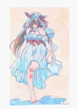 1girl animal_ears barefoot beach belt blue_dress blush body_blush border bow brown_hair choker chromatic_aberration closed_eyes commentary_request dress ear_ribbon film_grain heart heart_choker highres horse_ears knees leg_up legs long_hair nail_polish ocean red_belt red_ribbon ribbon rinren_(chun8chun8chun) sand short_sleeves smile solo solo_focus still_in_love_(umamusume) umamusume veil wet wet_clothes white_border