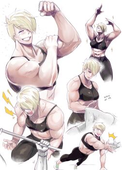 1girl abs bench_press bicep blonde_hair cyberpunk_(series) cyberpunk:_edgerunners dorio_(cyberpunk) exercising flexing highres kivo muscular muscular_female push-ups short_hair tank_top white_background