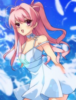 1girl antenna_hair bare_legs bare_shoulders blush breasts chaos;head choker cloud commentary_request day dress falling_feathers feathers highres long_hair looking_at_viewer miniskirt one_side_up open_mouth pink_eyes pink_hair ribbon ribbon_choker sakihata_rimi science_adventure short_dress skirt sky small_breasts smile solo thighs tongue white_choker white_dress white_ribbon zer00han