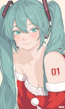 1girl aqua_eyes aqua_hair artist_name bare_shoulders blush breasts christmas cleavage collarbone commentary_request detached_sleeves dress fur-trimmed_shirt fur-trimmed_sleeves fur_trim hair_between_eyes hair_ornament hatsune_miku headphones headset highres lips long_hair looking_at_viewer microphone number_tattoo red_shirt santa_costume santa_dress shirt simple_background sleeveless sleeveless_shirt smile solo tattoo twintails upper_body very_long_hair vocaloid white_background yoojin_kang
