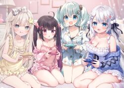 Rule 34 | 4girls, :d, :q, bare shoulders, black bow, black hair, bloomers, blue eyes, blue hair, blue jacket, blurry, blurry background, blush, bow, braid, breasts, camisole, character request, cleavage, collaboration request, collarbone, collared shirt, commentary request, controller, depth of field, dress, dress shirt, fang, game controller, gradient hair, grey eyes, grey hair, hair bow, hair ornament, hairclip, holding, hoshi (snacherubi), indie virtual youtuber, jacket, kneehighs, long hair, long sleeves, medium breasts, mitsuba choco, mitsuba choco (vtuber), mole, mole under eye, multicolored hair, multiple girls, off shoulder, open clothes, open jacket, open mouth, pink camisole, pink hair, pink jacket, plaid, plaid bow, puffy long sleeves, puffy sleeves, purple hair, shirt, short shorts, shorts, sitting, sleeveless, sleeveless dress, sleeves past wrists, smile, socks, star (symbol), star hair ornament, streaked hair, striped clothes, striped socks, suimya, suimya (vtuber), teardrop, tongue, tongue out, twintails, underwear, very long hair, wavy mouth, white bloomers, white dress, white shirt, white shorts, white socks, x hair ornament, yellow dress, yokozuwari