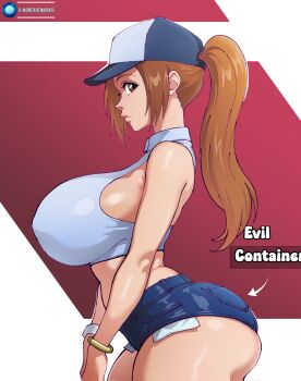 1girl 2025 artist_name ass bare_shoulders baseball_cap bleach bracelet breasts brown_eyes closed_mouth english_text evil_container_(meme) female_focus g-moreartworks hat highres inoue_orihime jeans_shorts jewelry large_breasts lips long_hair orange_hair ponytail simple_background solo solo_focus standing thighs