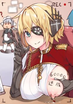 2girls black_gloves blonde_hair body_writing breasts character_request dress eyepatch flashing gloves grabbing_own_breast green_eyes lactation large_breasts looking_at_viewer maid multiple_girls nipple_piercing nipples one_breast_out oppai_challenge personification piercing presenting_breasts prince_of_wales_(warship_girls_r) red_dress red_eyes stmast v warship_girls_r white_hair