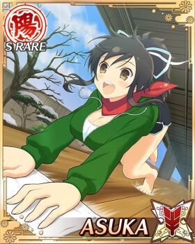 1girl :d all_fours asuka_(senran_kagura) bare_tree barefoot black_shorts border breasts brown_eyes brown_hair card_(medium) character_name cleaning_rag cleavage day dolphin_shorts game_cg green_hoodie hair_ribbon hood hoodie large_breasts long_hair official_art open_mouth ponytail porch red_scarf ribbon running scarf senran_kagura senran_kagura_new_wave shirt short_ponytail shorts smile solo third-party_source tree white_ribbon white_shirt