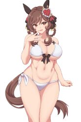 Rule 34 | absurdres, animal ears, bikini, blush, braid, breasts, brown hair, ear covers, gentildonna (umamusume), hair ornament, hair ribbon, hakutaqanta, hand on own face, heart, heart hair ornament, highres, horse ears, horse girl, horse tail, large breasts, looking at viewer, medium hair, navel, open mouth, red eyes, ribbon, simple background, smile, swimsuit, tail, toned, umamusume, white background, white bikini