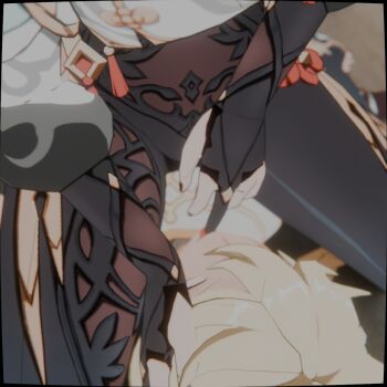 Rule 34 | 1boy, 1girl, 3d, aether (genshin impact), assertive female, b-banto, bare shoulders, blonde hair, bodysuit, day, femdom, finger to mouth, from above, genshin impact, gloves, hair ornament, hand on another's face, head between thighs, highres, long hair, open mouth, reverse ryona, self-upload, shenhe (genshin impact), sitting, sitting on person, thighs, unconscious