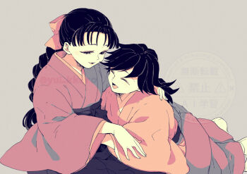 1boy 1girl black_hair braid closed_eyes grey_background hair_ribbon hakama half-closed_eyes japanese_clothes kimetsu_no_yaiba kimono long_hair low_ponytail open_mouth ponytail ribbon simple_background single_braid sitting smile socks tomioka_giyuu tomioka_tsutako twitter_username watermark yui_kkoro