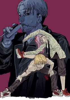 1girl 2boys beard_stubble black_jacket black_necktie black_pants blonde_hair breasts chainsaw_man commentary_request demon_girl denji_(chainsaw_man) earrings facial_hair facial_scar flask full_body hair_between_eyes highres holding holding_flask horns jacket jewelry kishibe_(chainsaw_man) loose_necktie mature_male medium_breasts multiple_boys necktie open_mouth pants pants_rolled_up parted_bangs pink_hair power_(chainsaw_man) purple_background red_horns red_shirt scar scar_on_cheek scar_on_face shirt shoes short_hair smile sneakers stitched_face stitches stretching stubble sukesukeburger topless_male upper_body white_shirt