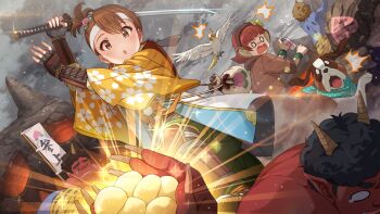 2girls 4boys :o animal animal_costume animal_ears bird black_hair brown_eyes brown_hair card_commentary commentary_request cosplay dog fake_animal_ears fingerless_gloves food-themed_hair_ornament futami_ami game_cg gloves hair_ornament holding holding_sword holding_weapon horns idolmaster idolmaster_(classic) idolmaster_million_live! idolmaster_million_live!_theater_days katana momotarou momotarou_(character) momotarou_(character)_(cosplay) monkey_costume monkey_ears multiple_boys multiple_girls nonohara_akane official_art oni outdoors parakeet peach_hair_ornament shining short_hair standing sword third-party_source weapon x_x