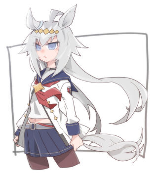 Rule 34 | 1girl, animal ears, beer hsk, blue sailor collar, blue skirt, brown pantyhose, commentary request, cropped legs, grey eyes, grey hair, hair between eyes, horse ears, horse girl, horse tail, jacket, long hair, long sleeves, multicolored hair, navel, oguri cap (starlight beat) (umamusume), oguri cap (umamusume), pantyhose, pleated skirt, sailor collar, shirt, simple background, skirt, solo, tail, two-tone hair, umamusume, very long hair, white background, white hair, white jacket, white shirt