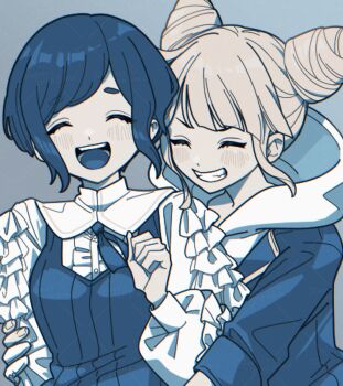 2girls :d ^_^ blue_hair closed_eyes collared_shirt commentary_request cone_hair_bun diagonal_bangs double_bun facing_viewer frilled_shirt frilled_sleeves frills fukurai_azami grey_background grin hair_bun highres hug jasmine_(toshi_densetsu_kaitai_center) long_sleeves multiple_girls open_mouth shirt short_hair smile toshi_densetsu_kaitai_center upper_body watashi-shi