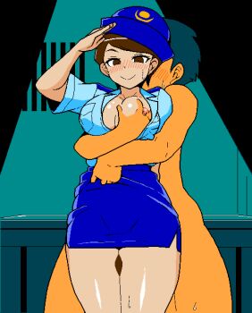 1boy 1girl ahegao animated animated_gif bare_legs blue_shirt blue_skirt blush breasts brown_eyes brown_hair censored cleavage clothed_female_nude_male cum cum_on_body cum_on_legs cumdrip ejaculation from_behind hat jermaneels large_breasts miniskirt nervous_sweating nipple_slip nipples nude open_mouth original pencil_skirt penis police police_hat police_uniform policewoman salute shiny_skin shirt short_hair short_sleeves skirt sweat sweatdrop tagme teeth thigh_sex tongue tongue_out upper_teeth_only