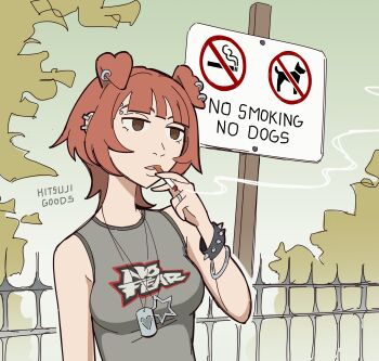 Rule 34 | 1girl, absurdres, animal ear piercing, animal ears, artist name, bracelet, breasts, brown eyes, brown hair, cigarette, commentary, dog ears, dog girl, dog tags, ear piercing, english commentary, eyebrow piercing, face piercing, fence, grey tank top, highres, hitsuji (hitsujigoods), jewelry, medium breasts, mitsu (hitsujigoods), necklace, original, piercing, ring, sign, signature, smoking, solo, spiked bracelet, spikes, tank top, upper body